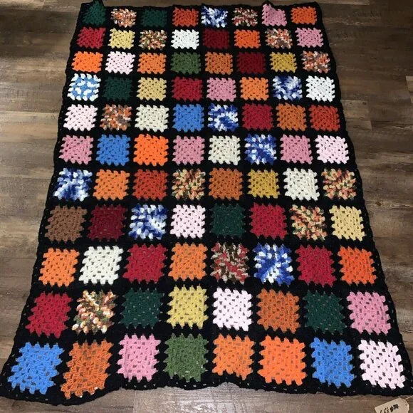 Vtg GRANNY SQUARE AFGHAN Crochet Cottage Core Throw Blanket 66”x43” T100 - Picture 1 of 12